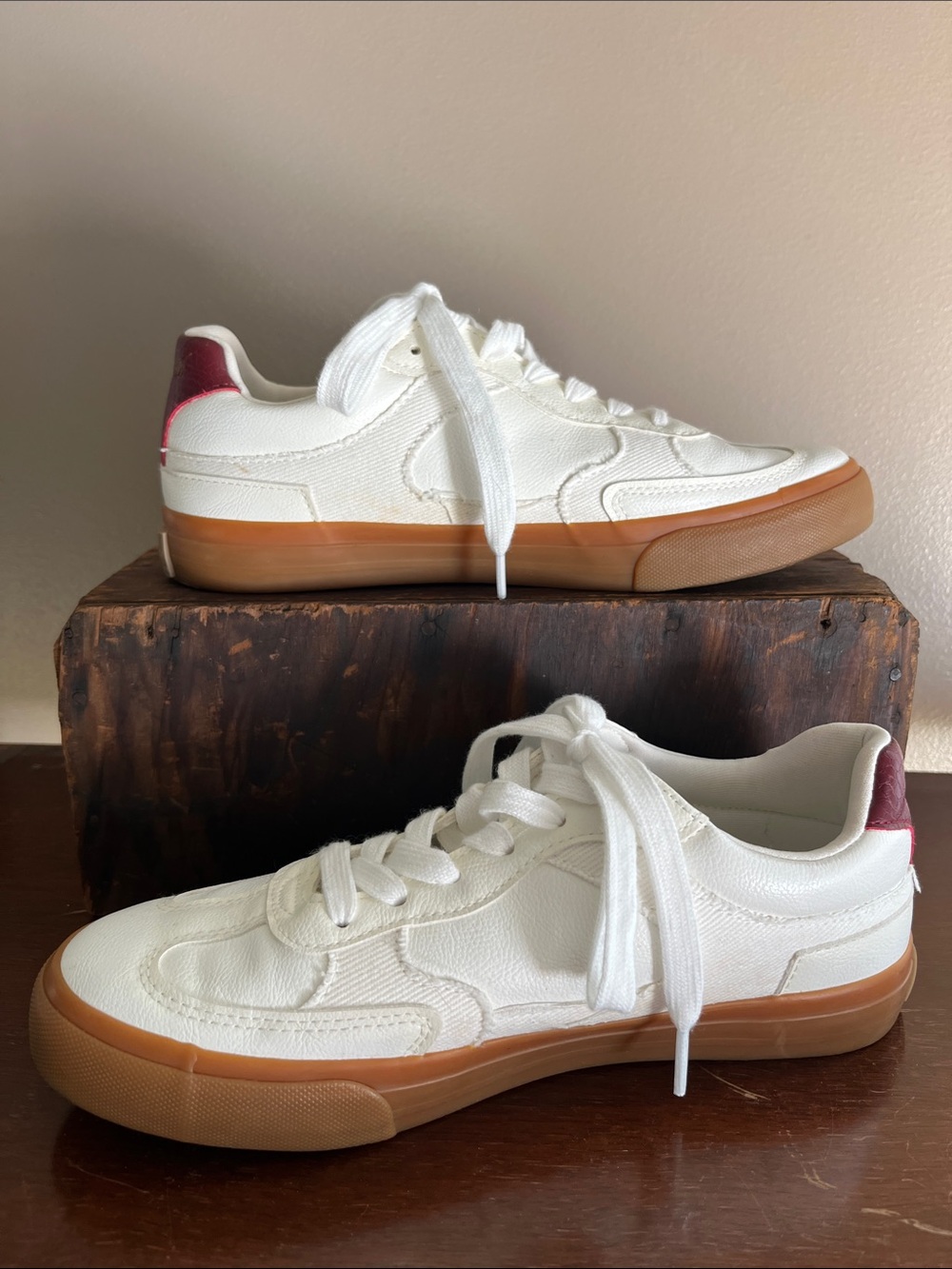Blowfish Tastic White Low-Top Sneakers with Gum Sole and Burgundy Heel